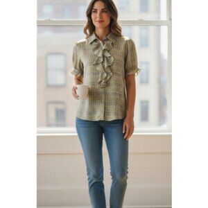 Worthington Gray And Yellow Print Silky Ruffled Front Short Sleeve Blouse XL